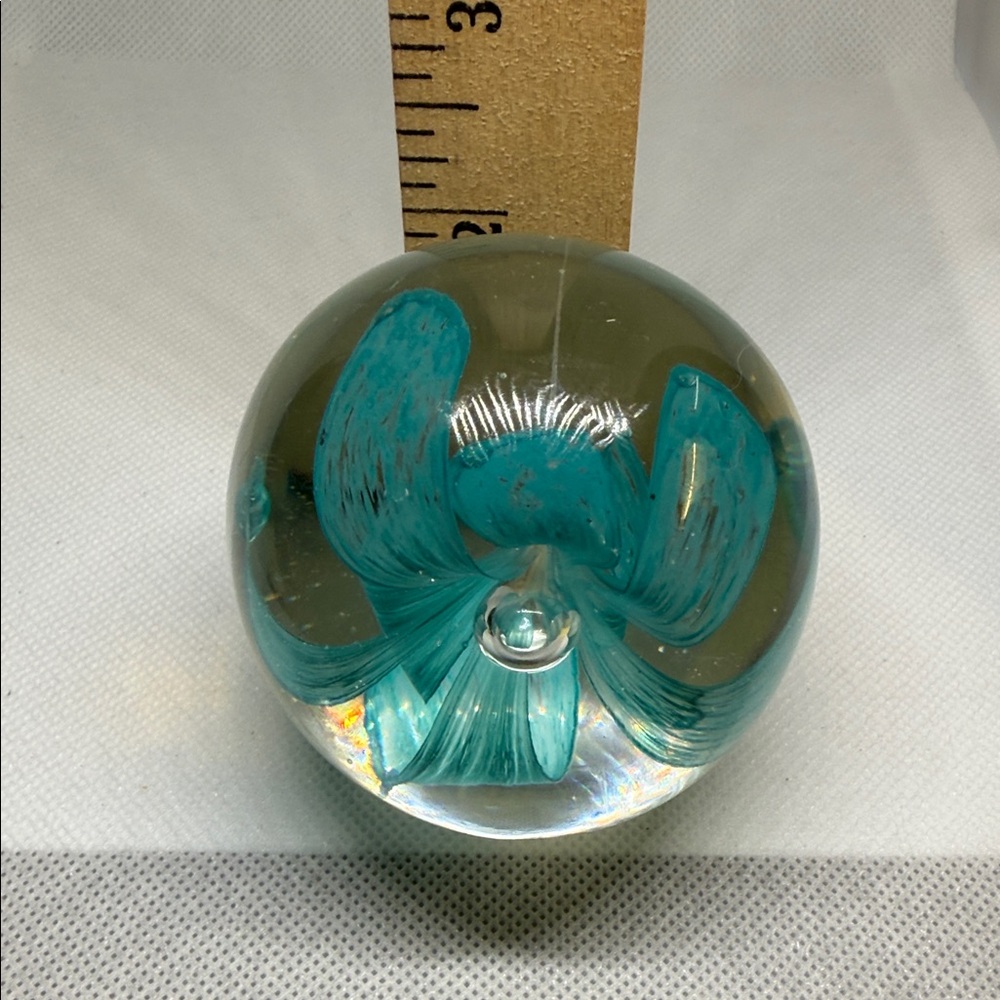 Glass Art Paper Weight Sphere with Teal Floral Design 2 Inches Tall - Picture 6 of 11